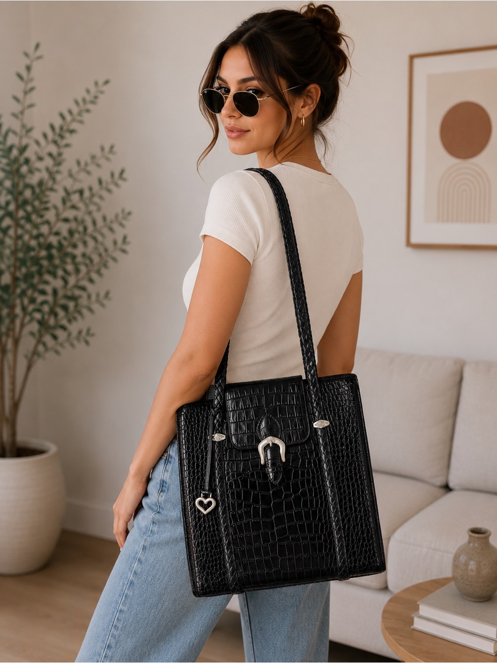 Black Croc Embossed Tote Bag Western Buckle Heart Charm Shoulder Purse